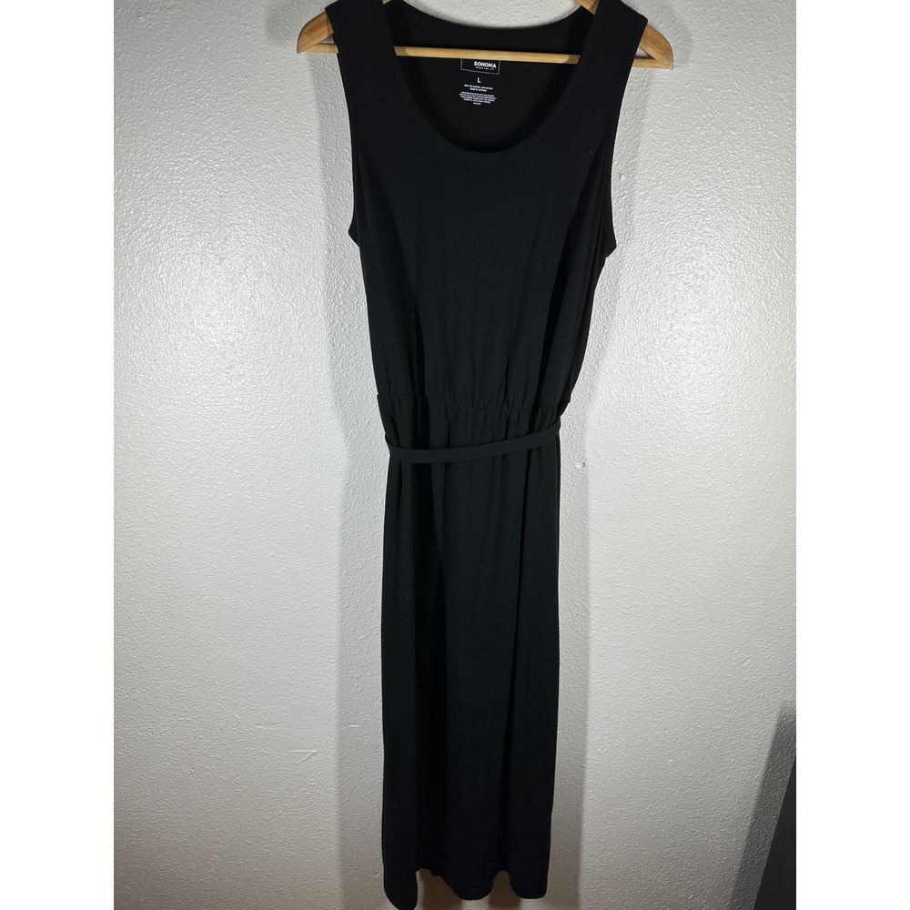 Sonoma Dress Womens L Black Goods For Life Sleeveless Maxi Belted Jersey Knit